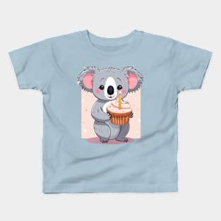 Cute Koala girl holding a birthday muffin with a candle,.Vector flat illustration Kids T-Shirt